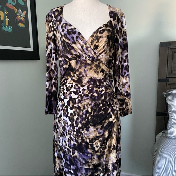 Lauren Ralph Lauren Women’s Brown Animal Print Bodycon Ruched Side Dress Size 6 - Picture 2 of 9
